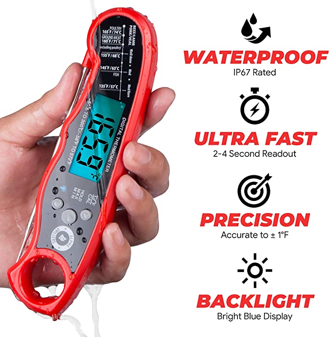 Alpha Grillers Instant Read Meat Thermometer for Grill and Cooking. Best Waterproof Ultra Fast Thermometer with Backlight & Calibration. Digital Food Probe for Kitchen, Outdoor Grilling and BBQ!