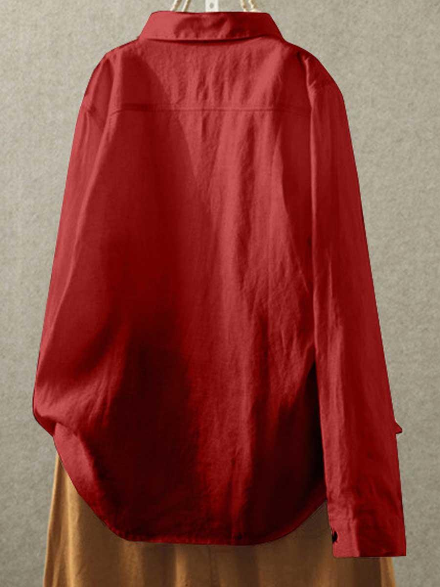 Lapel Casual Cotton And Linen Solid Color Loose Long-sleeved Blouse
