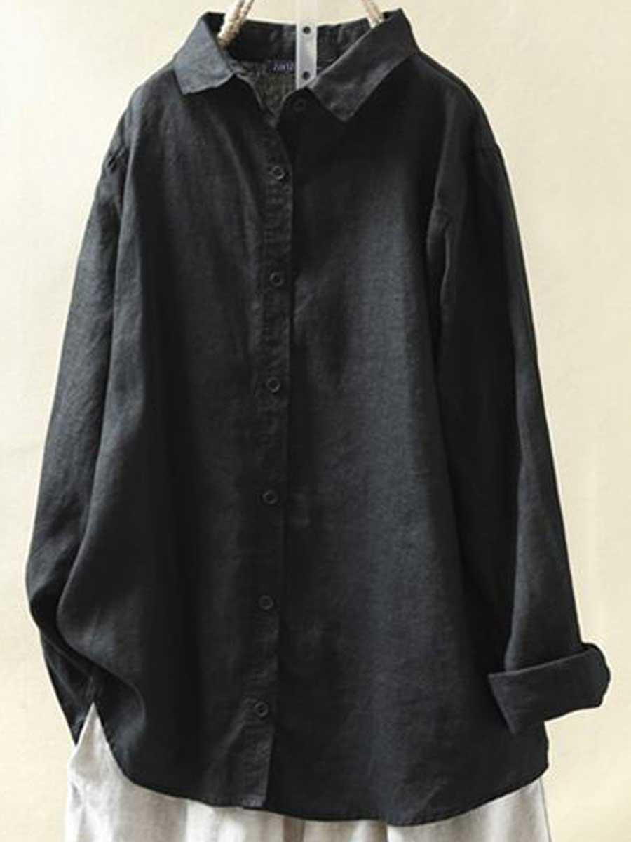 Lapel Casual Cotton And Linen Solid Color Loose Long-sleeved Blouse