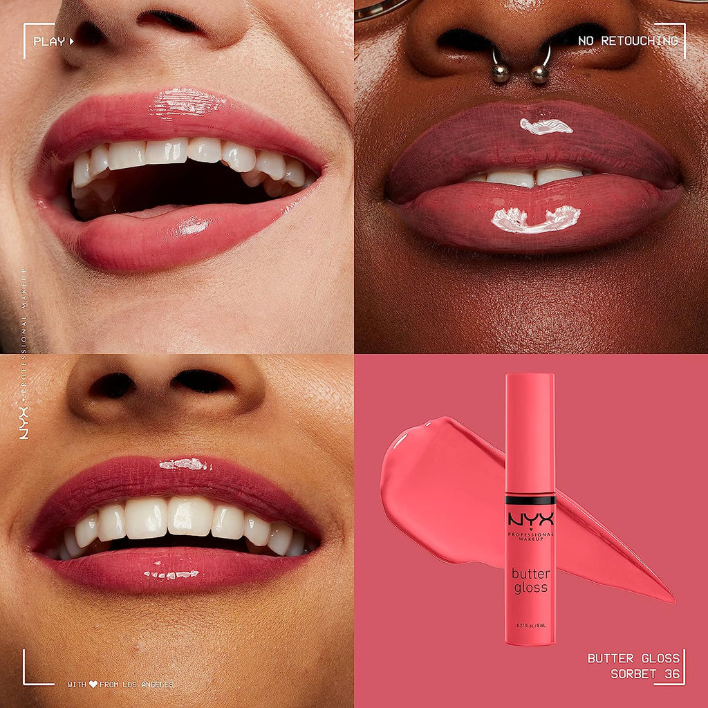 NYX PROFESSIONAL MAKEUP Butter Gloss, Non-Sticky Lip Gloss - Sorbet (Vibrant Coral)