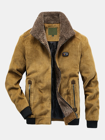 mens winter corduroy 100% cotton plus velvet warm zipper casual solid jacket