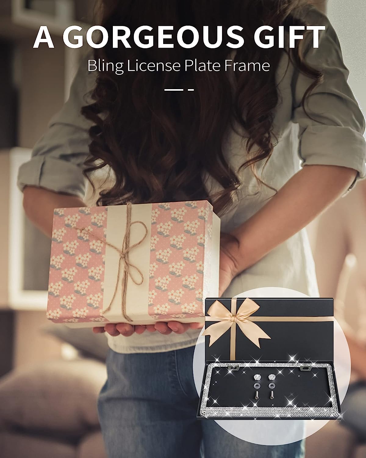 AUJEN Bling License Plate Frame - Sparkly License Plate Holder, Lastingly Diamond License Plate Frame for Women, Stainless Steel &amp; Obstruction-Free Car Accessory with Multifaceted Rhinestones