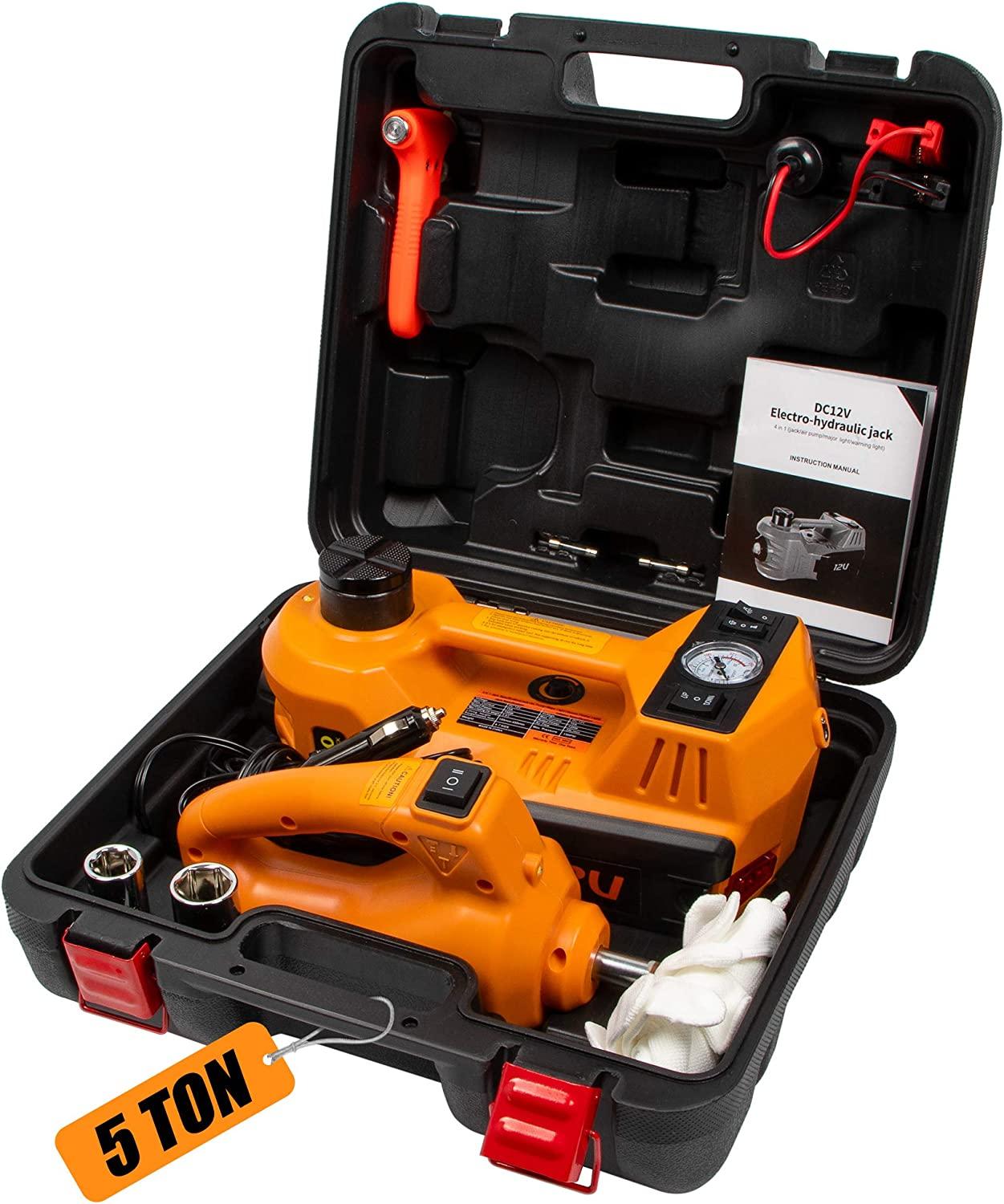 BEETRO 5 Ton Electric Hydraulic Jack, 4 in 1 Electric Car Jack with Electric Wrench and Tire Inflator Pump, 12V Floor Jack Electric Jack for Car SUV MPV Sedan, Lifting Ran6 to 17.7 inch