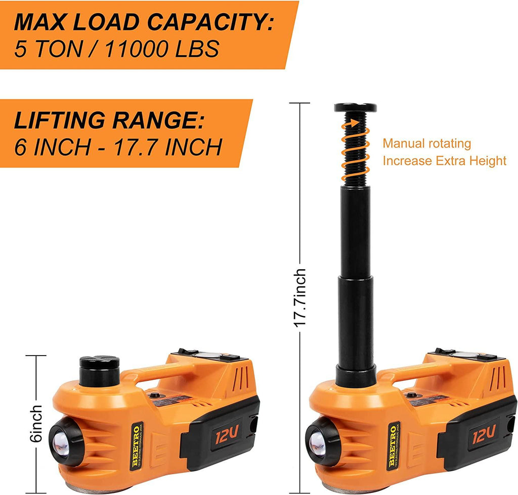 BEETRO 5 Ton Electric Hydraulic Jack, 4 in 1 Electric Car Jack with Electric Wrench and Tire Inflator Pump, 12V Floor Jack Electric Jack for Car SUV MPV Sedan, Lifting Ran6 to 17.7 inch