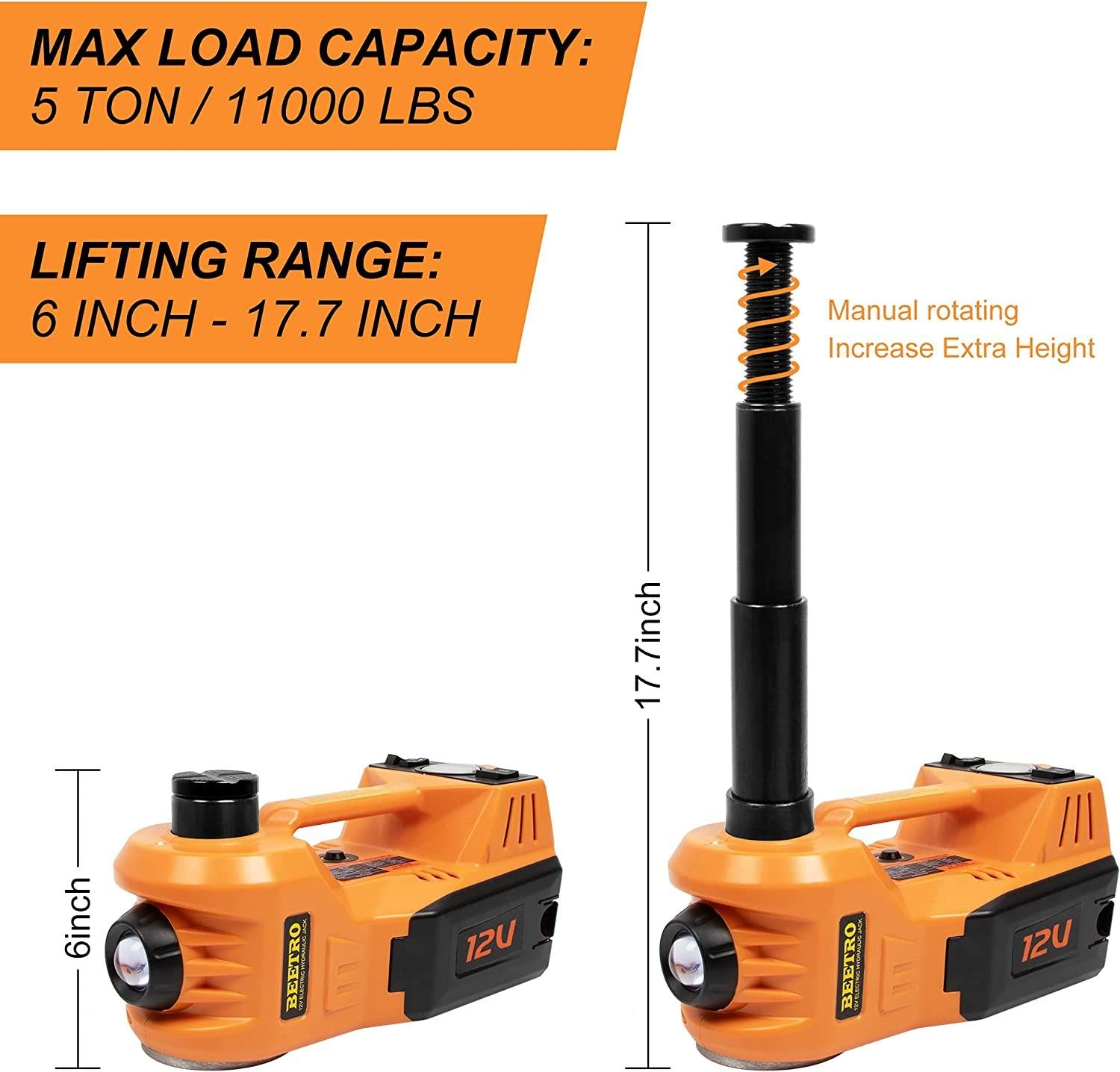 BEETRO 5 Ton Electric Hydraulic Jack, 4 in 1 Electric Car Jack with Electric Wrench and Tire Inflator Pump, 12V Floor Jack Electric Jack for Car SUV MPV Sedan, Lifting Ran6 to 17.7 inch