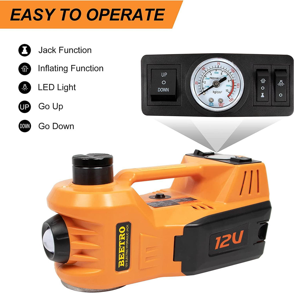 BEETRO 5 Ton Electric Hydraulic Jack, 4 in 1 Electric Car Jack with Electric Wrench and Tire Inflator Pump, 12V Floor Jack Electric Jack for Car SUV MPV Sedan, Lifting Ran6 to 17.7 inch