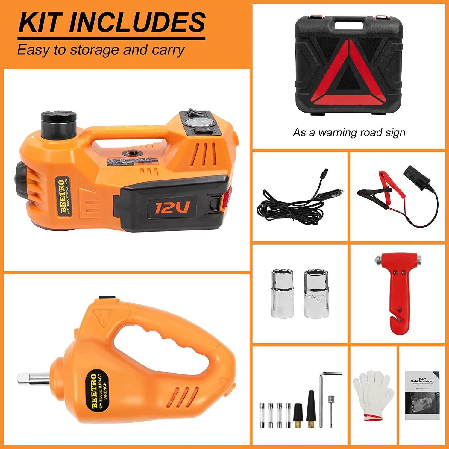 BEETRO 5 Ton Electric Hydraulic Jack, 4 in 1 Electric Car Jack with Electric Wrench and Tire Inflator Pump, 12V Floor Jack Electric Jack for Car SUV MPV Sedan, Lifting Ran6 to 17.7 inch
