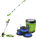 Greenworks 8.5' 40V Cordless Pole Saw, 2.0 AH Battery Included 20672 with 12-Inch 40V Cordless String Trimmer, 2.0 AH Battery Included 2101602 and .065-Inch Single Line String Trimmer Replacement Spool 3-Pack 29252