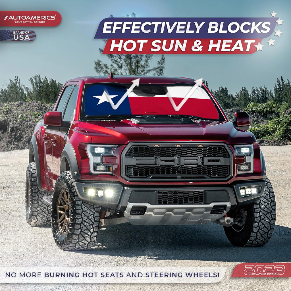 Autoamerics 1-Piece Windshield Sun Shade American Texas Flag USA Patriotic  - Foldable Car Front Window Sunshade for Sedans SUV Truck - Blocks Max UV Rays and Keeps Your Vehicle Cool - Large