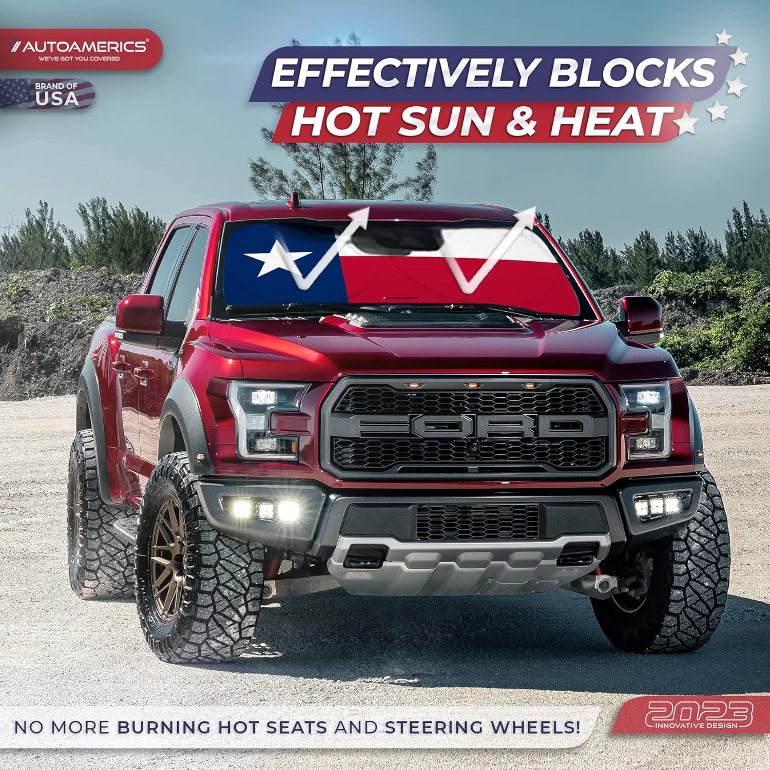 Autoamerics 1-Piece Windshield Sun Shade American Texas Flag USA Patriotic  - Foldable Car Front Window Sunshade for Sedans SUV Truck - Blocks Max UV Rays and Keeps Your Vehicle Cool - Large