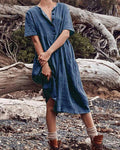 boho cotton linen dress women women's solid short sleeve button dress