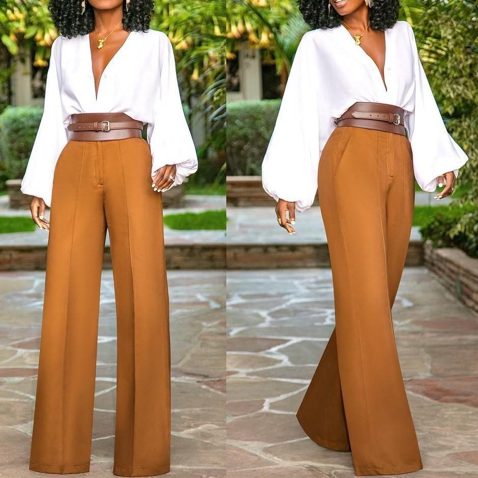 Ladies Elegant Casual V-neck Lantern Sleeve Straight Suit