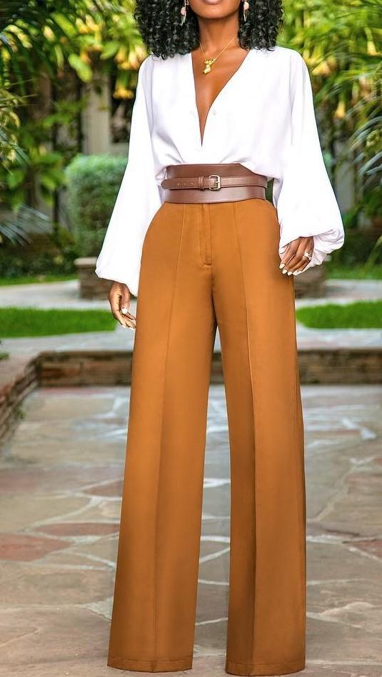 Ladies Elegant Casual V-neck Lantern Sleeve Straight Suit