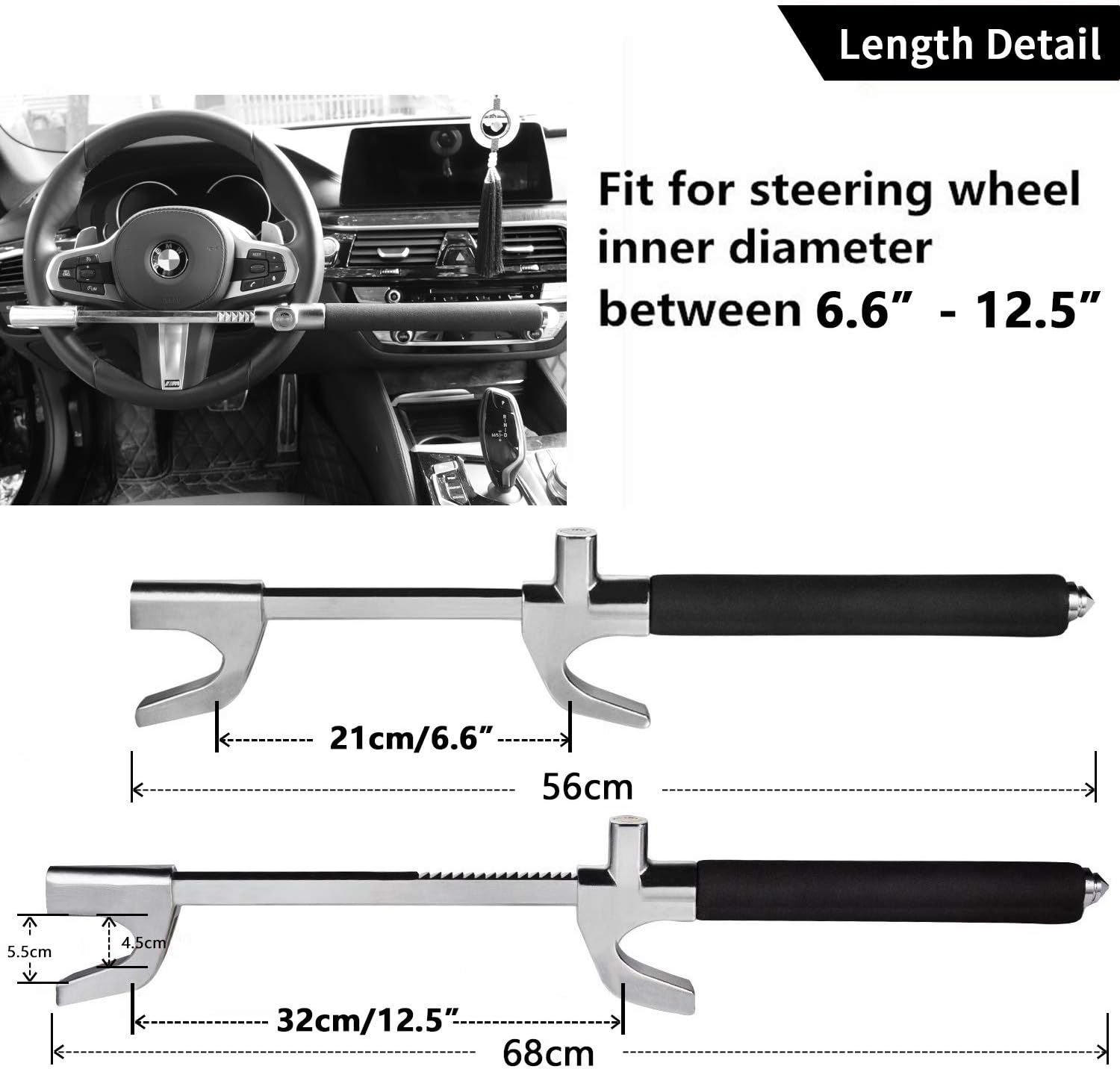 Tevlaphee Steering Wheel Lock Anti Theft Car Device Universal Car Theft Prevention Car Lock Adjustable Double Hook Emergency Hammer Window Breaker Self Defense Heavy Duty Secure (Black)