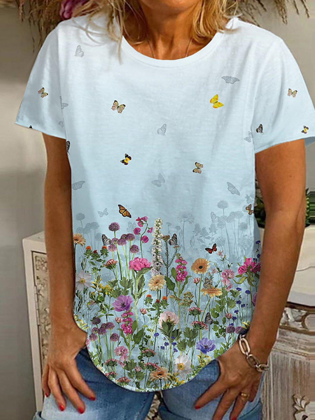 Women Casual Butterfly Print Short-Sleeved T-Shirt