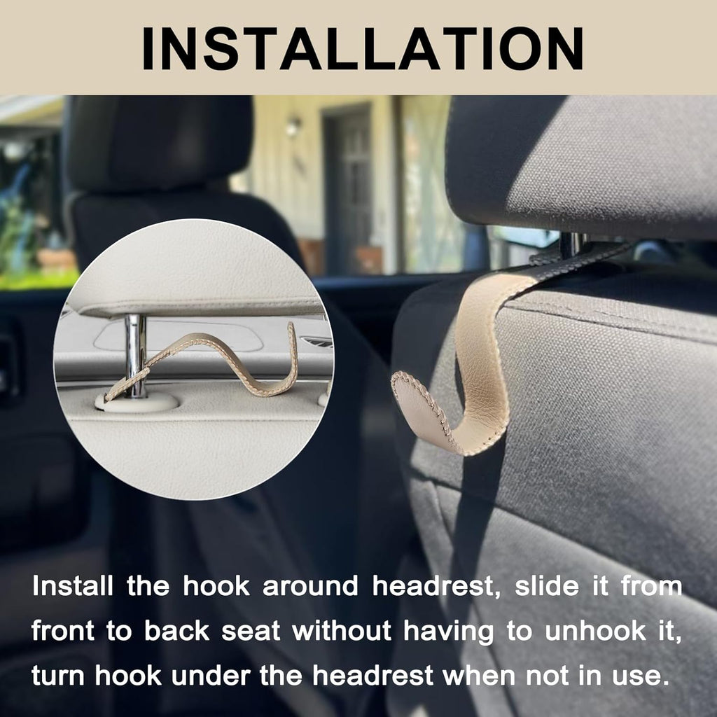 EldHus Seat Hooks for Purses and Bags, 2 Pack Car Purse Holder for Grocery Bag Handbag Clothes, Metal Headrest Hooks Covered by Leather, Beige