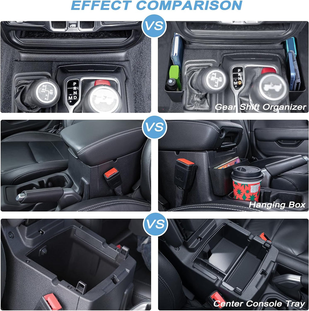 3PCS Center Console Organizer Tray Box Compatible with 2018-2024 Wrangler and 2020-2023 Gladiator Gear Shift Organizer Armrest Accessories Hanging Box（Not for JK/JKU）