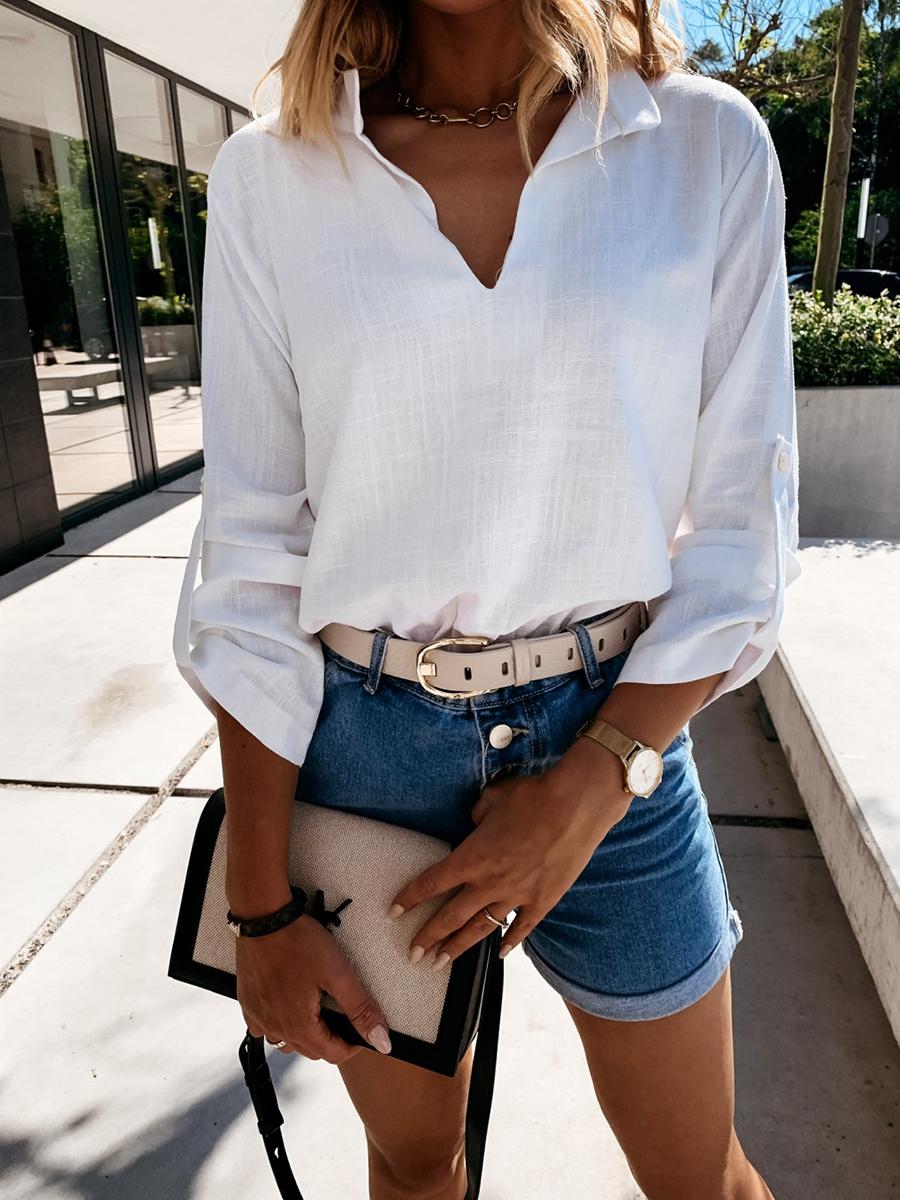 Ladies cotton and linen casual style V-neck blouse