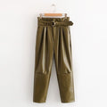army green leather high waist pants
