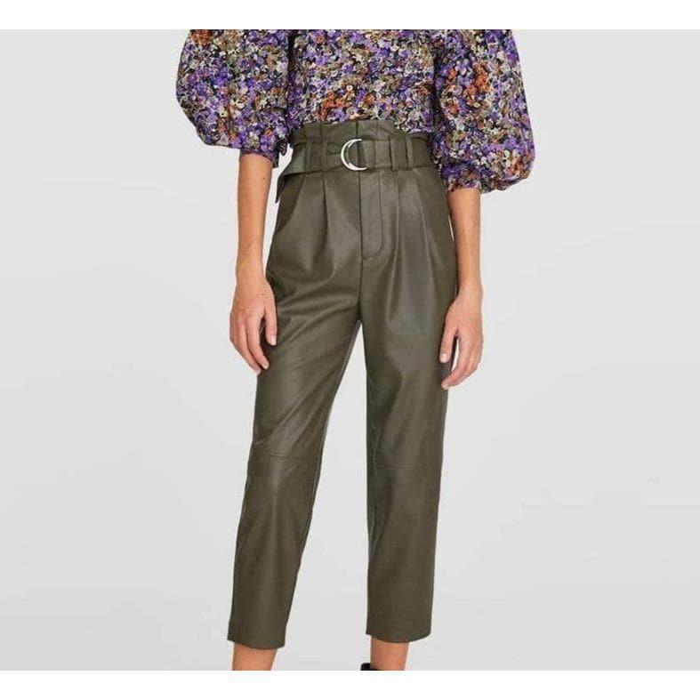 army green leather high waist pants