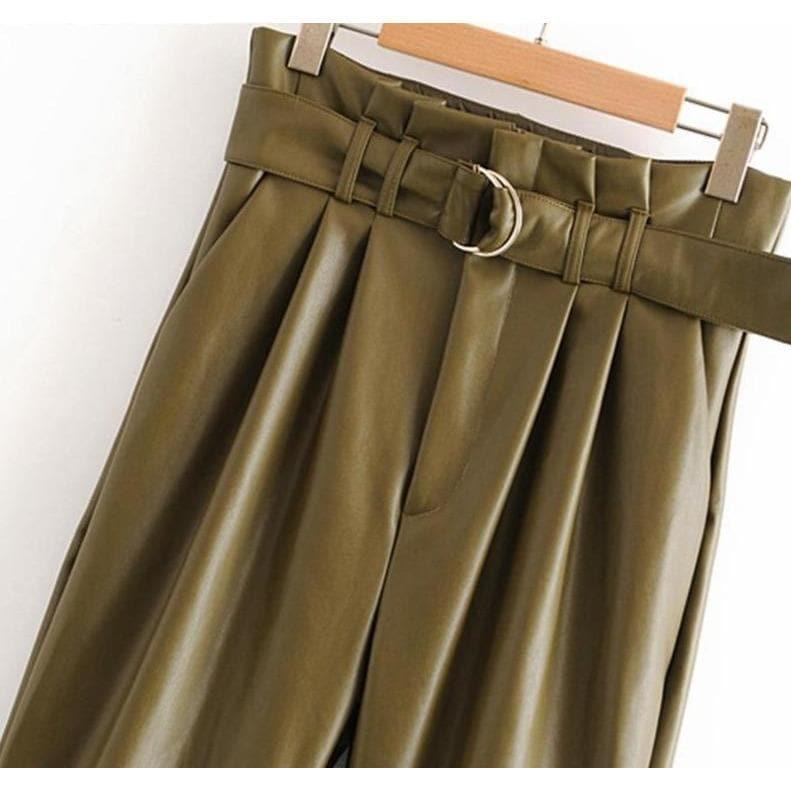 army green leather high waist pants