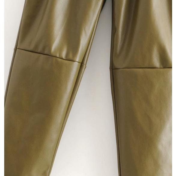 army green leather high waist pants