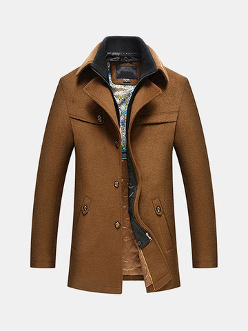 dual collar winter spring business casual pockets wool coat for men