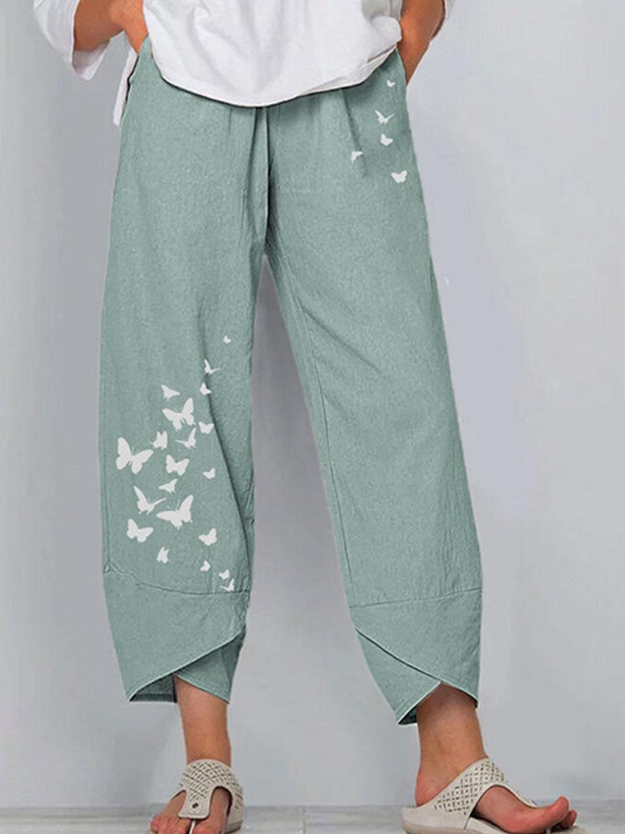 Casual Cotton And Linen Butterfly Print Wide-Leg Pants