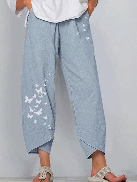 Casual Cotton And Linen Butterfly Print Wide-Leg Pants