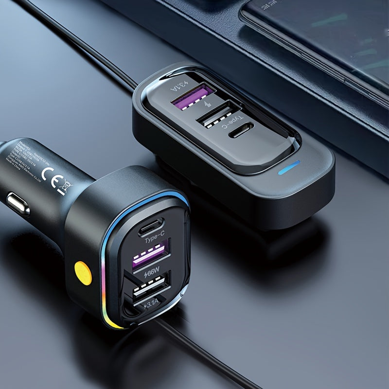 81W Fast Car CharThe Front And Rear Of The 6-port Expansion Car Are Charged Simultaneously 1 Type-C 2 USB 59.06inch Extension Cable Anti-slip Clamp