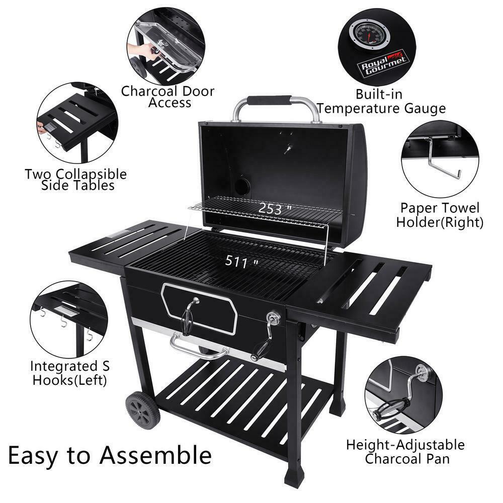 Charcoal Grill With 2 Side Tables In Black