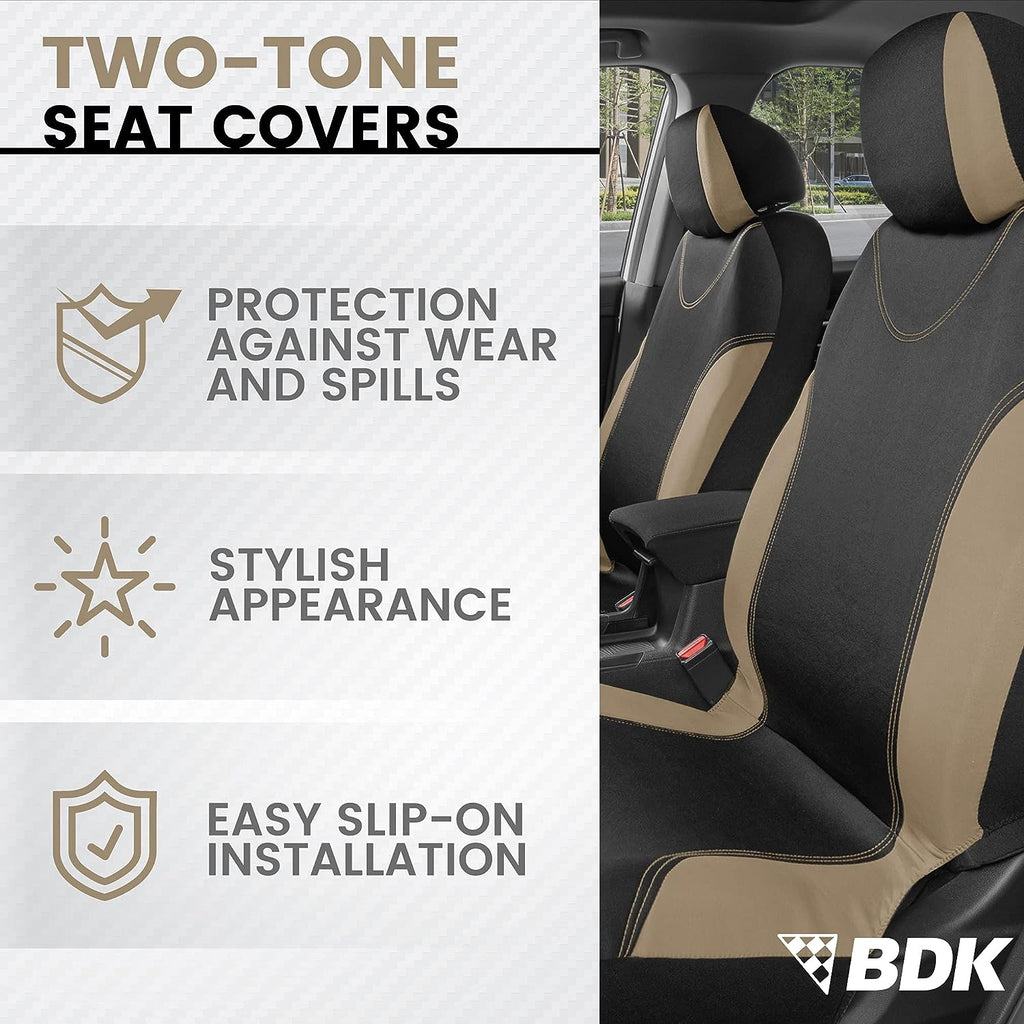 BDK UltraSleek Beige Seat Covers for Cars Full Set, Two-Tone Front Seat Covers with Matching Back Seat Cover, Stylish Car Seat Protectors with Split Bench ,
