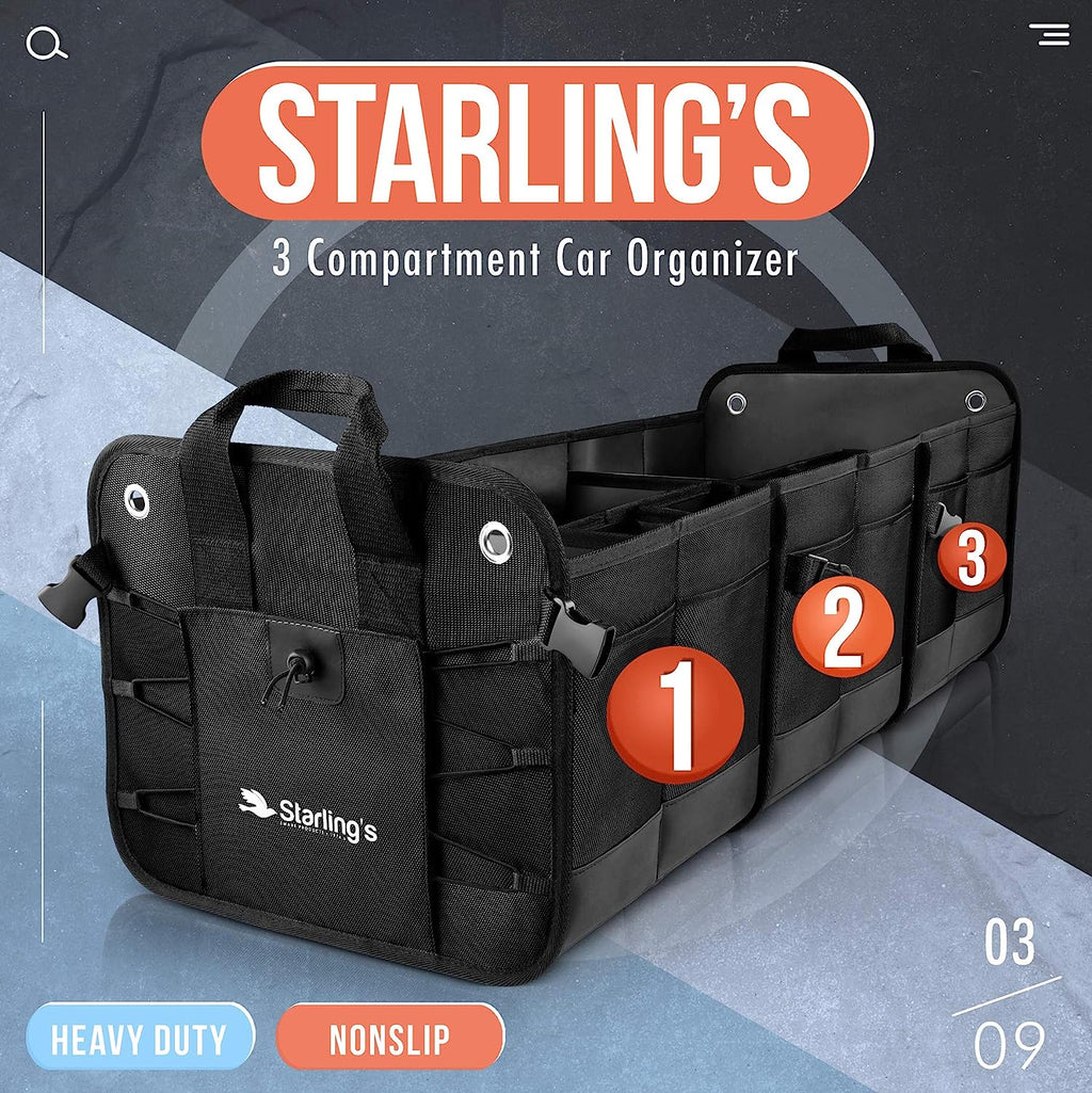 Starling's Car Trunk Organizer - Durable Storage SUV Cargo Organizer Adjustable (Black, 3 Compartments)
