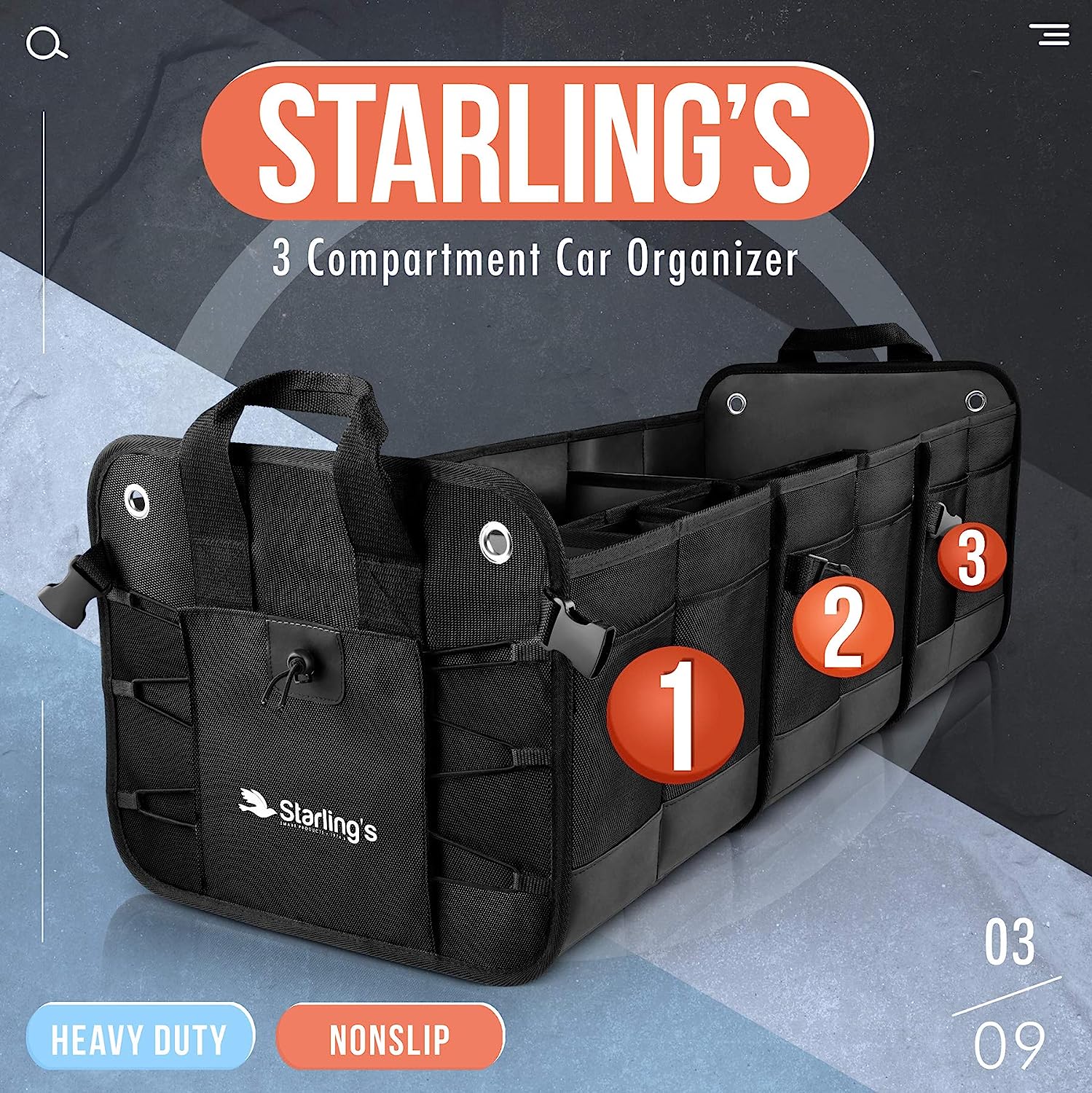 Starling's Car Trunk Organizer - Durable Storage SUV Cargo Organizer Adjustable (Black, 3 Compartments)