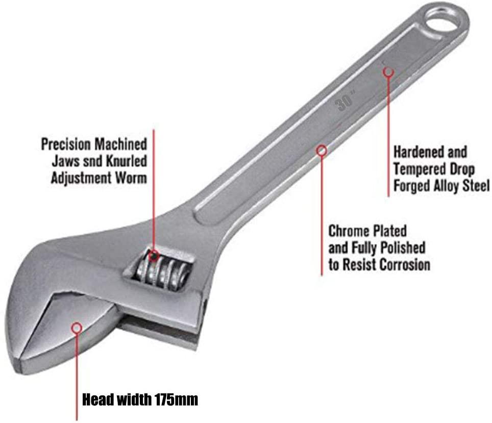 30-Inch Adjustable Wrench Adjustable Spanner Wide Mouth Wrenches, Forged, Chrome-Plated, Hand Tools, 775 MM,1 PACK