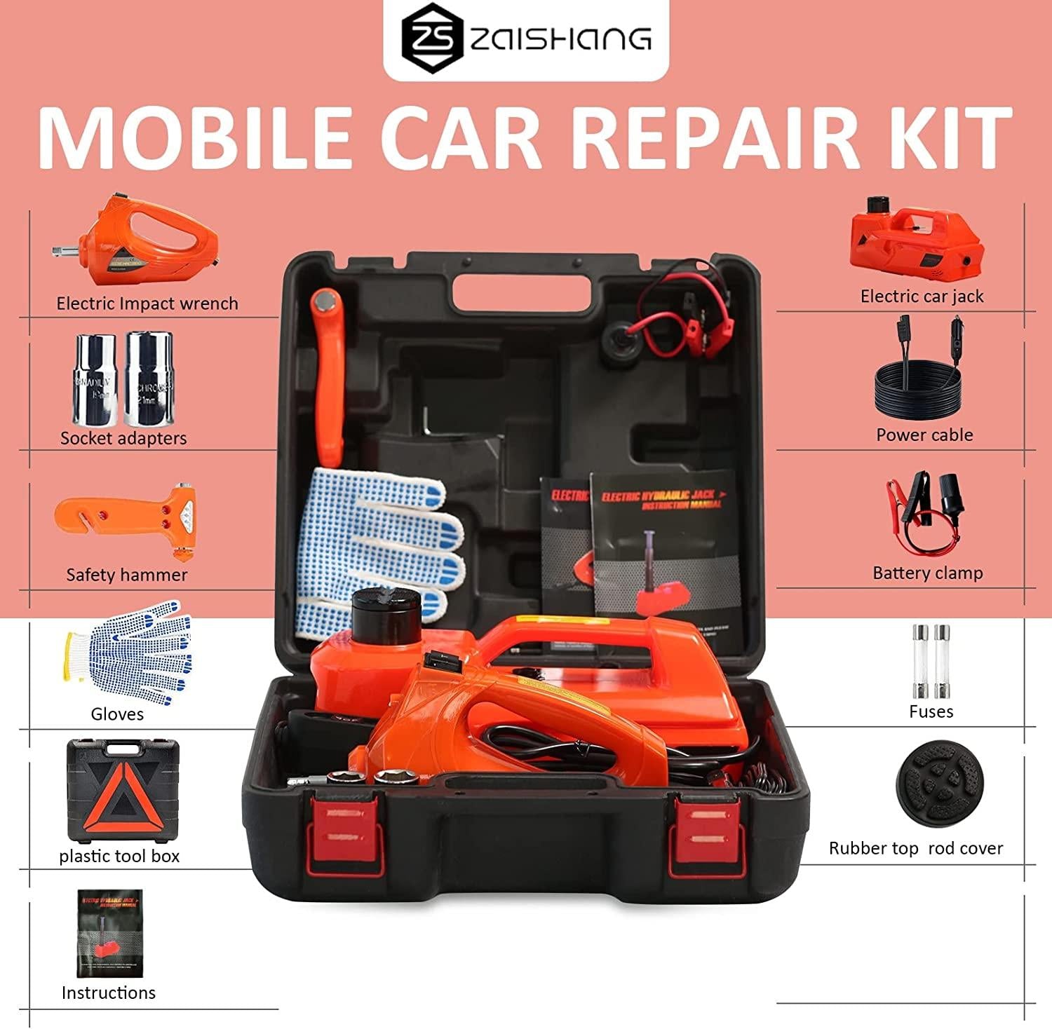 ZAISHANG Electric Car Jack 5T Hydraulic Floor Jack DC 12V Car Jack Kit with Electric Impact Wrench, Car Lift for Emergency Tire Change
