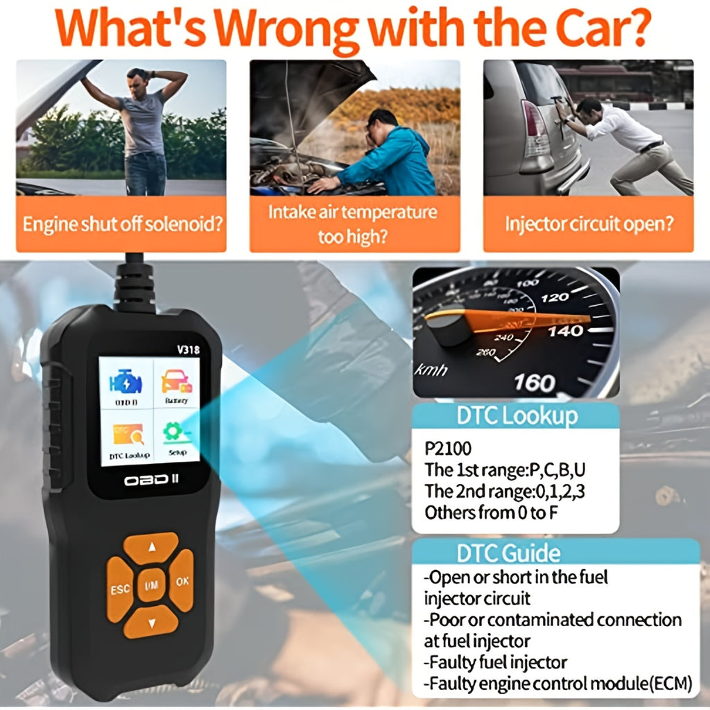 Car OBD2 Scanner Check Engine Light Fault Code Reader Battery VoltaRead Tool For All OBD II Protocol Vehicles Since 1996 Color Screen V318