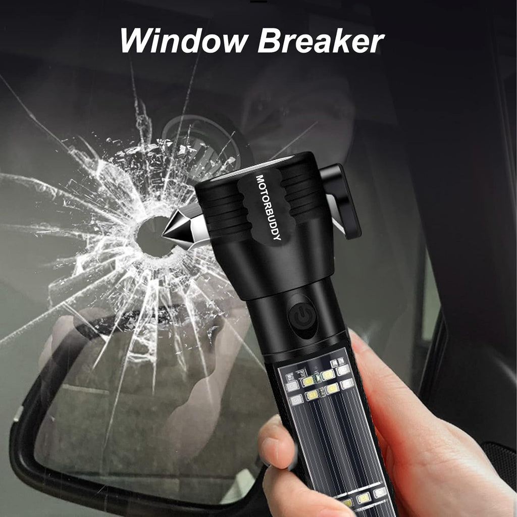 MOTORBUDDY Multi-Function Car Safety Hammer, All-in-1 Emergency Escape Hammer with Window Breaker, Seatbelt Cutter, Mobile Power, LED Flashlight, Alarm Rescue, Strobe SOS Beacon, Compass, Black