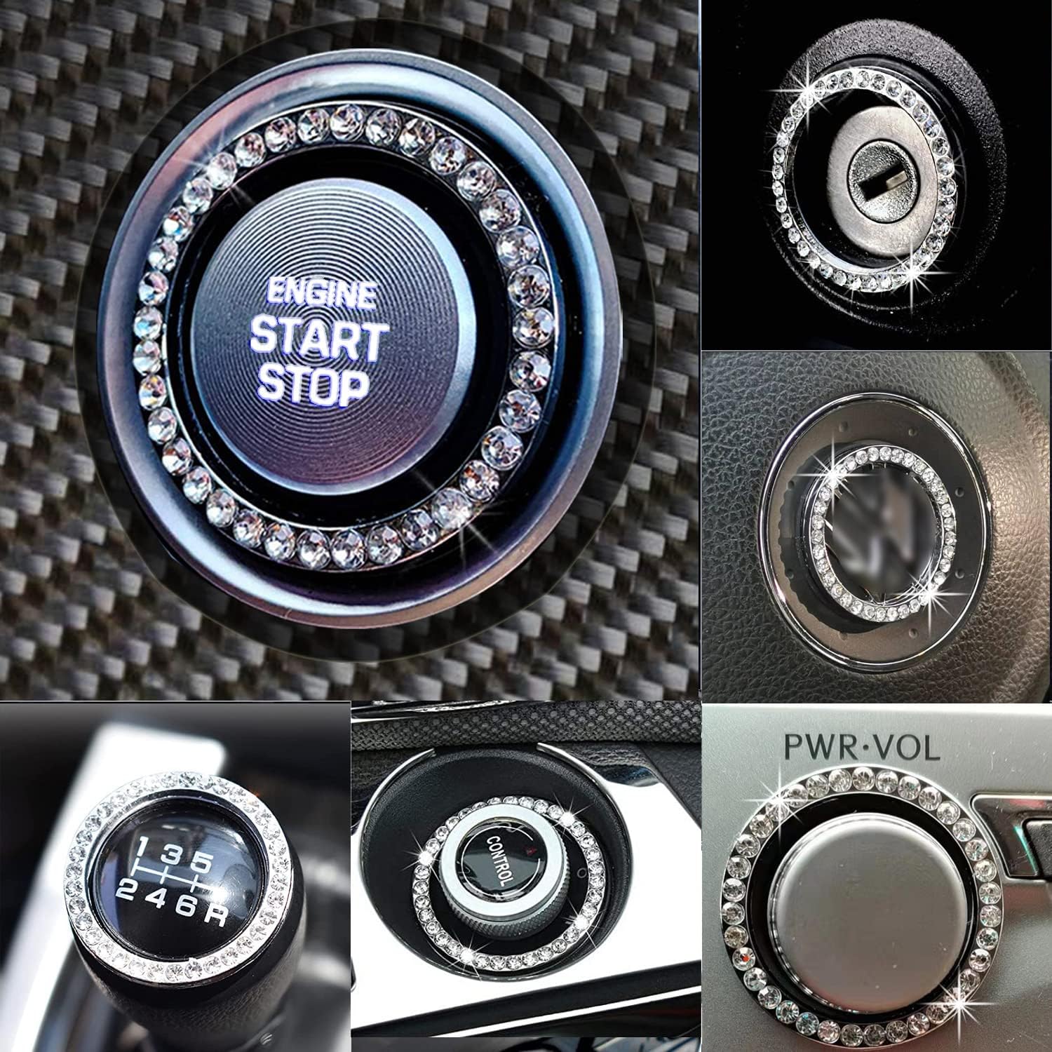 2pcs Bling Car Cup Holder Coasters &amp; 2pcs Push Start Button, 2.75 inch Anti-Slip Shockproof Universal Vehicle Coasters Insert, Bling Car Interior Accessories for Women Suits for Most Cars (White)
