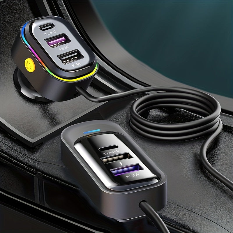 81W Fast Car CharThe Front And Rear Of The 6-port Expansion Car Are Charged Simultaneously 1 Type-C 2 USB 59.06inch Extension Cable Anti-slip Clamp