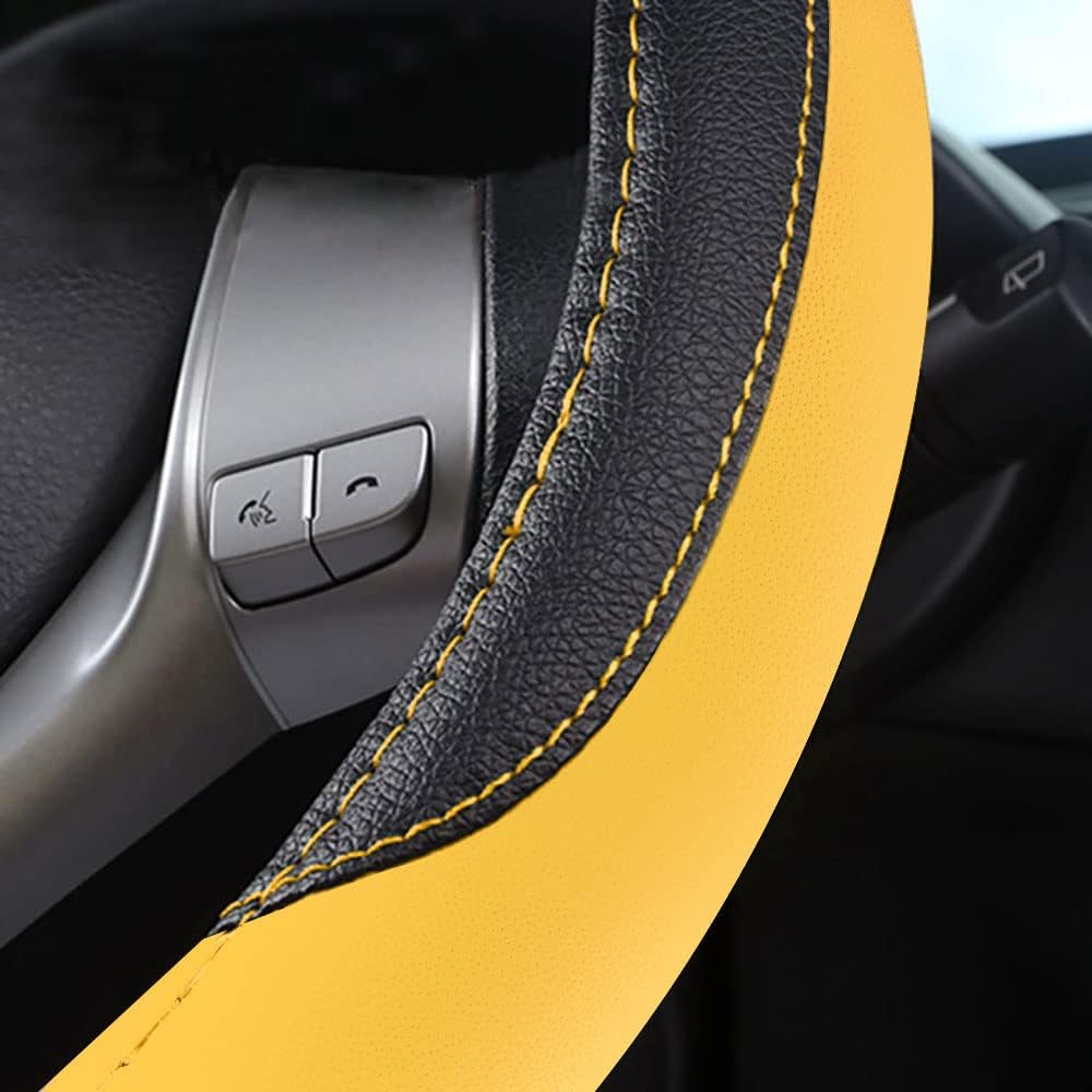Leather Car Steering Wheel Cover, Non-Slip Car Wheel Cover Protector Breathable Microfiber Leather Universal Fit for Most Cars (Black&amp;Yellow)
