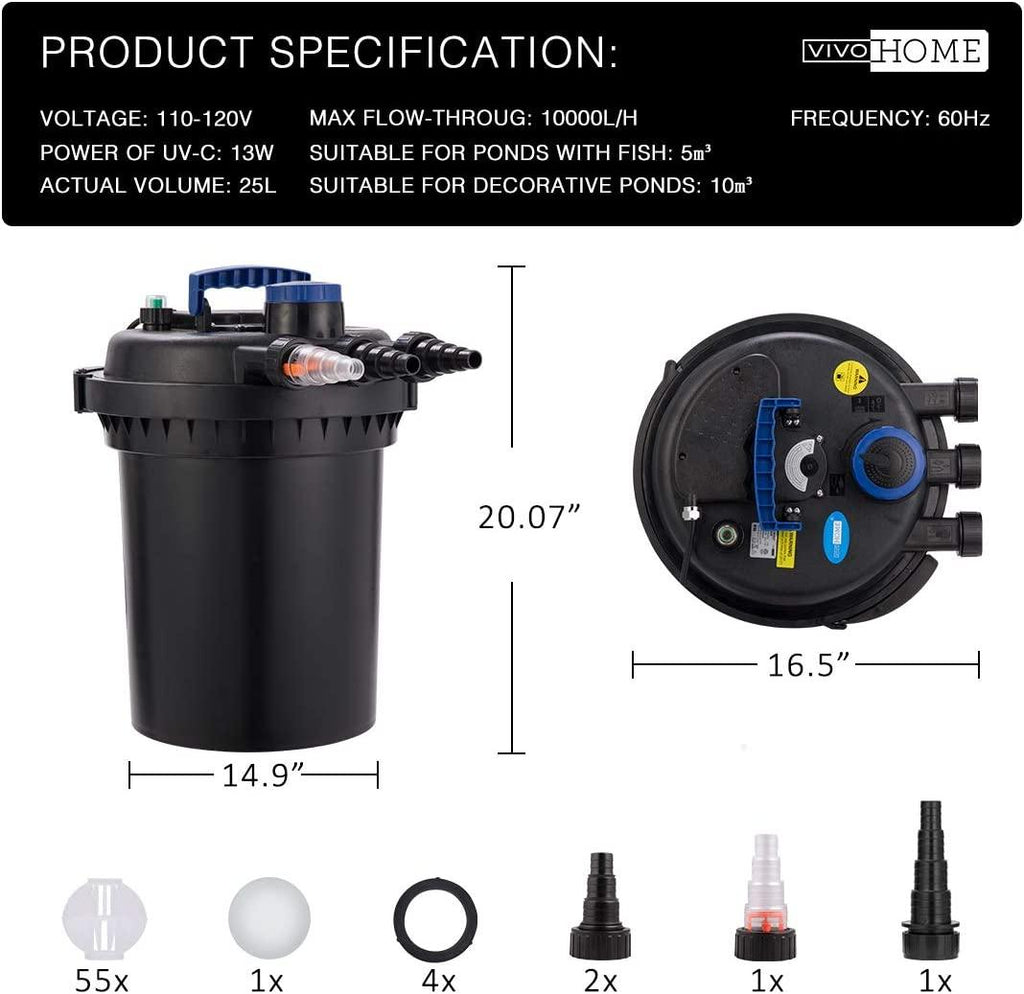 VIVOHOME Bio Pressure Pond Filter, Up to 2600 Gallons