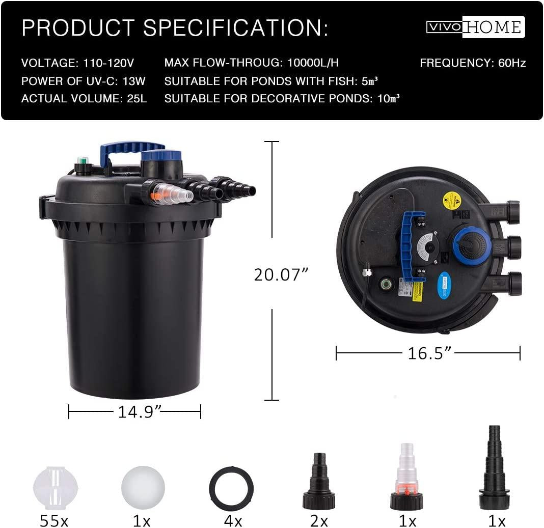 VIVOHOME Bio Pressure Pond Filter, Up to 2600 Gallons