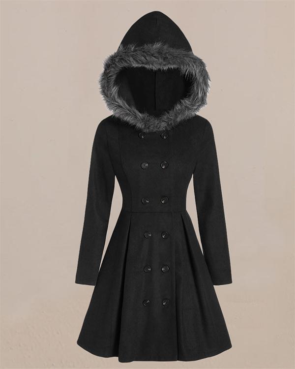 hooded fur double-breasted midi coat