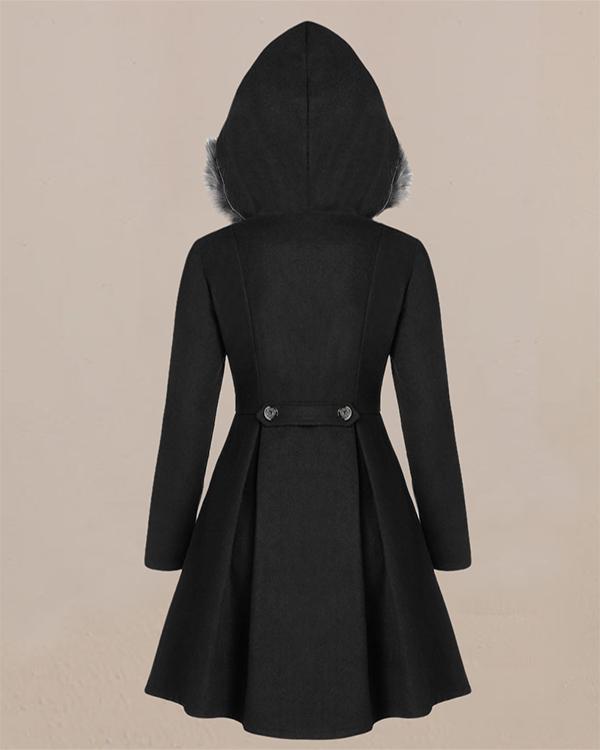hooded fur double-breasted midi coat