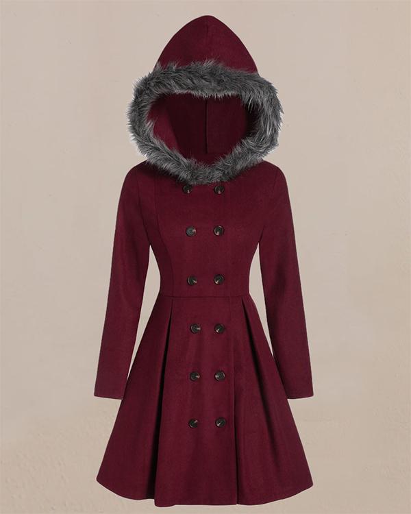 hooded fur double-breasted midi coat