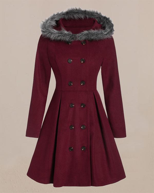 hooded fur double-breasted midi coat