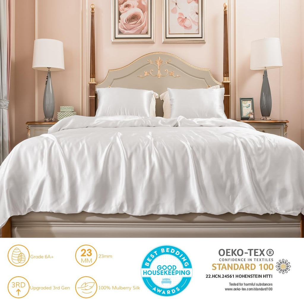 PROMEED 22 Momme Silk White Duvet Cover King, Highest Grade 6A Mulberry Silk Bedding Comforter/Quilt Cover with Zipper (White, King)
