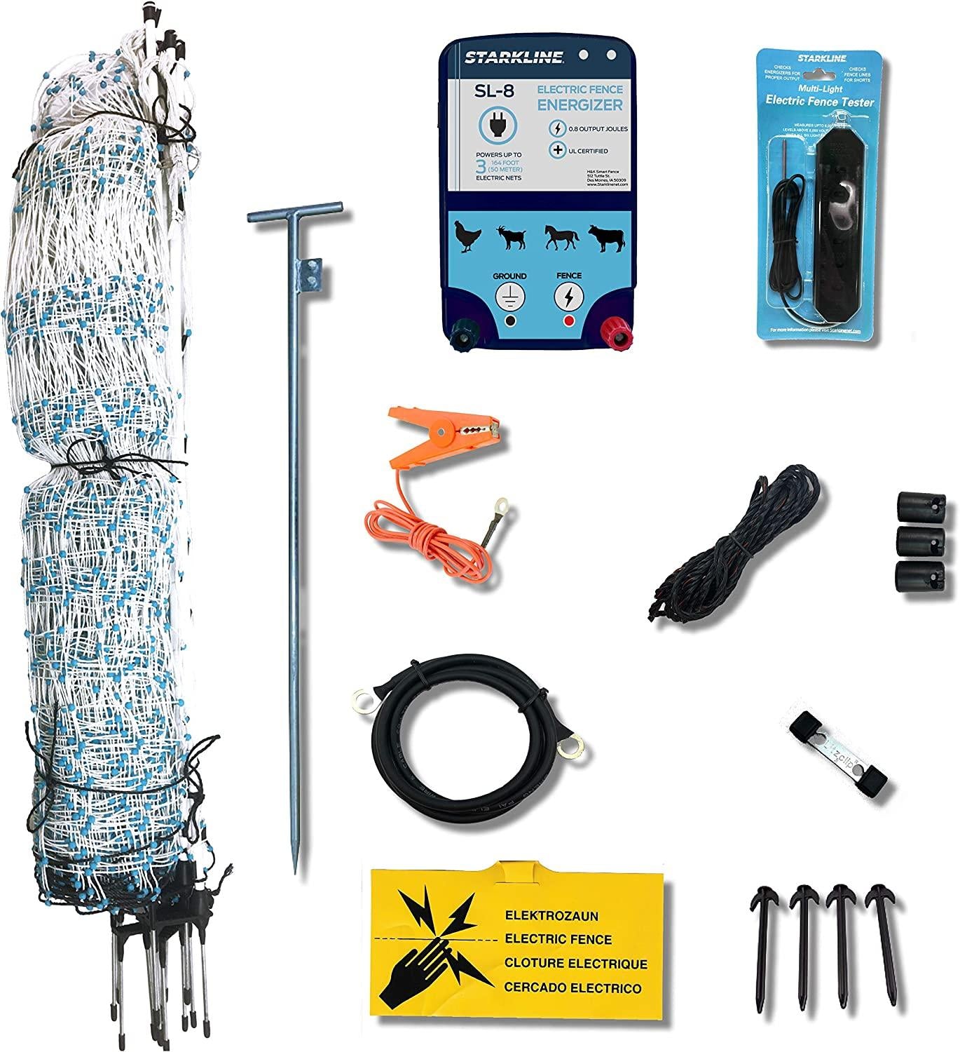 Starkline Electric Poultry Netting Kit - AC Energizer (48" x164' White/Blue Poultry Netting) (12/48/3) All-in-One Electric Fence Kit for Backyards, Homesteads, Ranches or Farms