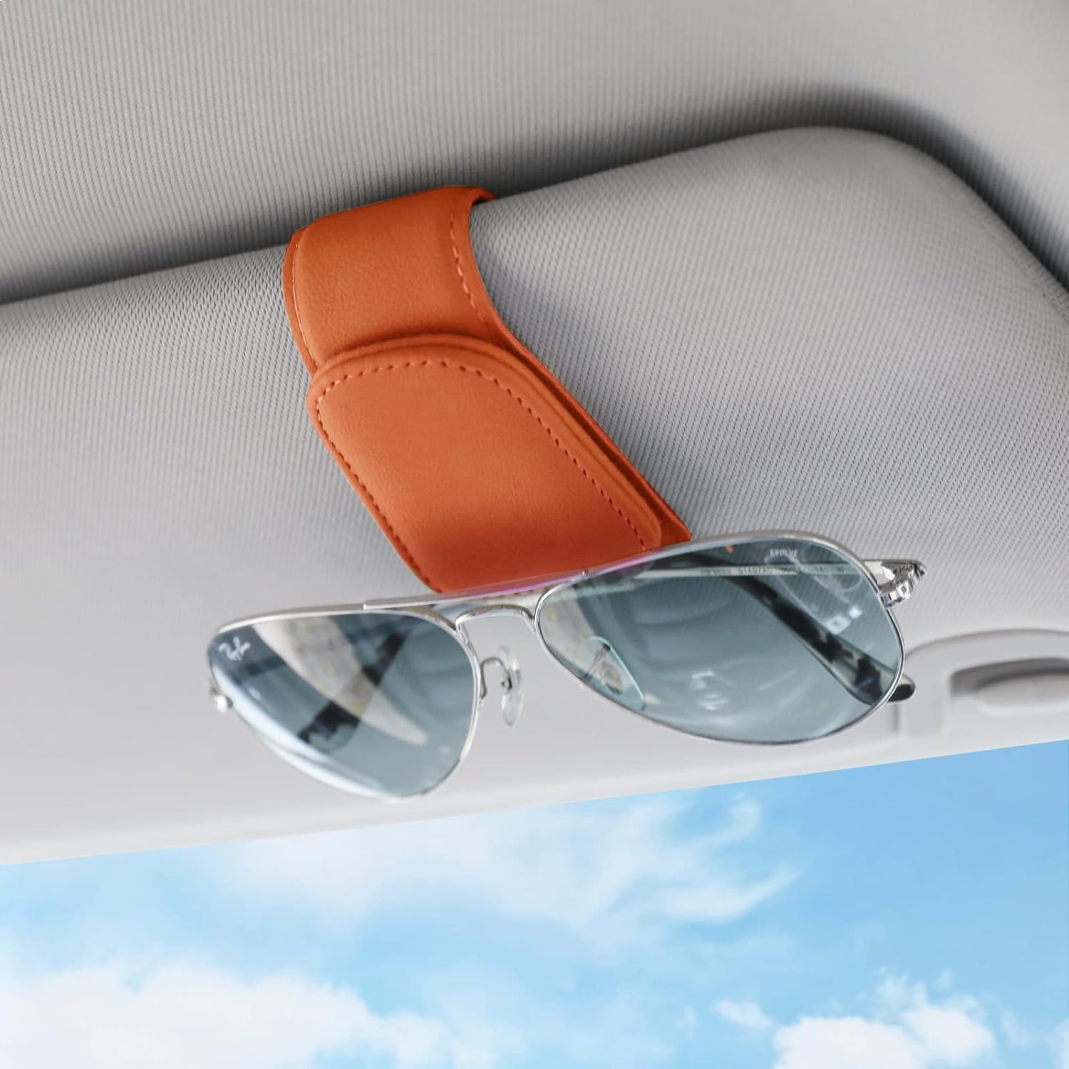 Sunglass Holder for Car Visor Sunglasses Clip Magnetic Leather Glasses Eyeglass Holder Truck Car Interior Accessories Universal for Woman Man -Orange